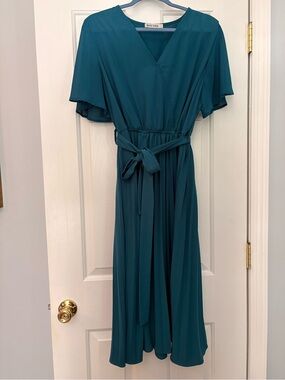 Grace Karin Teal V-Neck Midi Dress with Waist Tie
